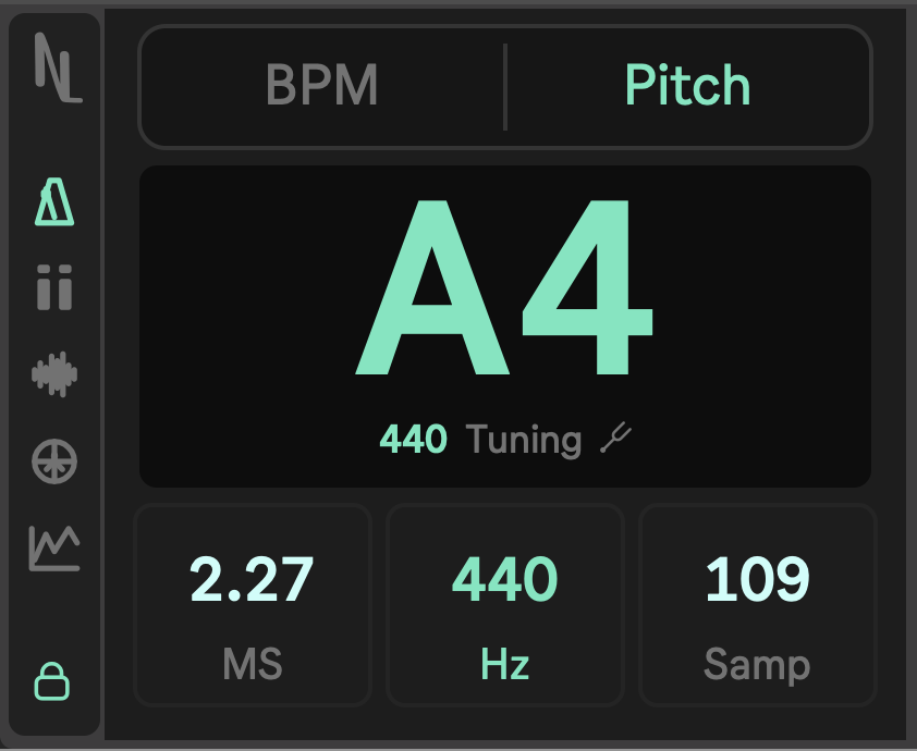 Swiss Army Meter Pitch mode showing note frequency, period, and wavelength in samples